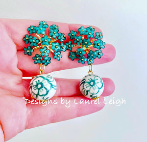 Green Floral Chinoiserie Hydrangea Drop Earrings - Chinoiserie jewelry