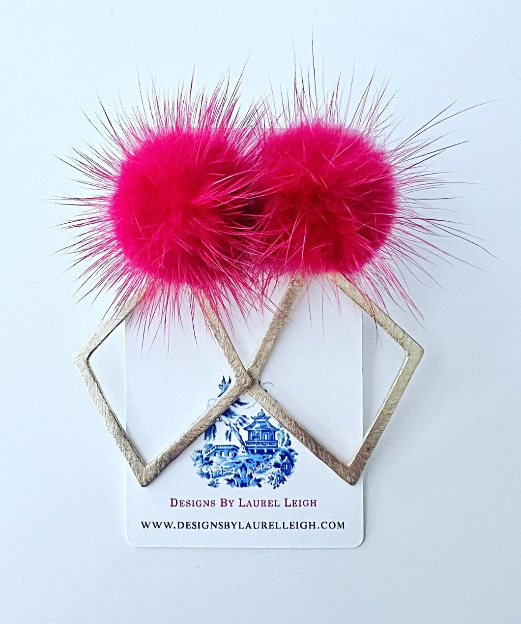 Gold Diamond Shape Mink Fur Pompom Earrings - Chinoiserie jewelry
