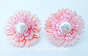 Pink & White Coin Pearl Flower Studs - Chinoiserie jewelry