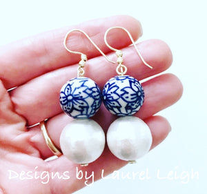 Chinoiserie Blue & White Floral Bead & Large Pearl Earrings - Ginger jar