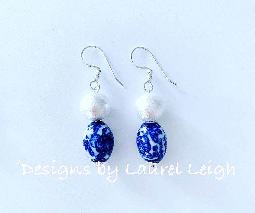 Chinoiserie Pearl Drop Earrings w/ Oval Vintage Floral Beads - Gold or Silver Finish - Ginger jar