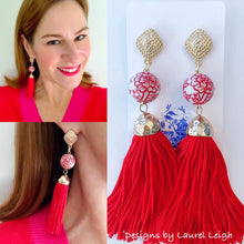Load image into Gallery viewer, Chinoiserie Red Peony Tassel Statement Earrings - Ginger jar