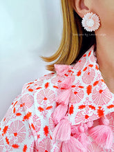 Load image into Gallery viewer, Pink &amp; White Pearl Sunflower Flower Earrings - Chinoiserie jewelry