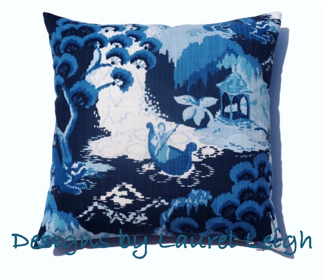 Chinoiserie Accent Throw Pillow Covers - Robert Allen Madcap Cottage Road to Canton Designer Fabric  - Ocean Blue - Ginger jar