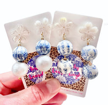 Load image into Gallery viewer, Blue &amp; White Chinoiserie Orchid Double Drop Earrings - Chinoiserie jewelry