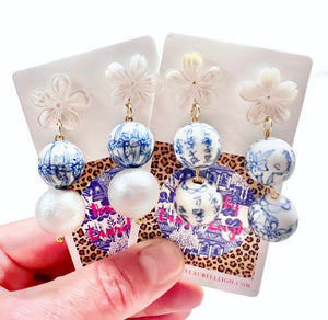 Blue & White Chinoiserie Orchid Double Drop Earrings - Chinoiserie jewelry