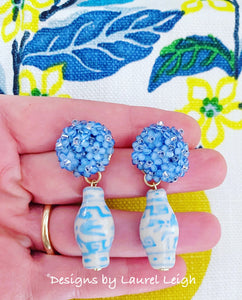 Hydrangea Blossom Ginger Jar Earrings - Blue - Chinoiserie jewelry