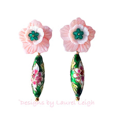 Load image into Gallery viewer, Cloisonné Floral Drop Earrings - Pink &amp; Green - Chinoiserie jewelry
