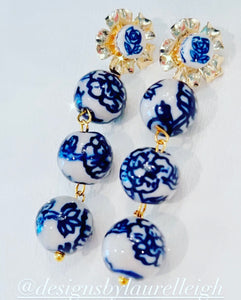 Chinoiserie Peony Triple Drop Earrings - Chinoiserie jewelry