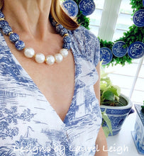 Load image into Gallery viewer, Chunky Blue and White Chinoiserie Jumbo Pearl Floral Statement Necklace - Ginger jar