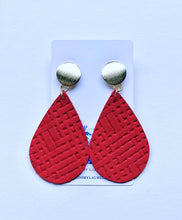 Load image into Gallery viewer, Gold and Red Leather Basketweave Statement Earrings - Posts - Designs by Laurel Leigh