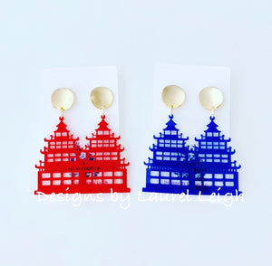 Chinoiserie Chic Pagoda Earrings - Red or Royal Blue - Ginger jar