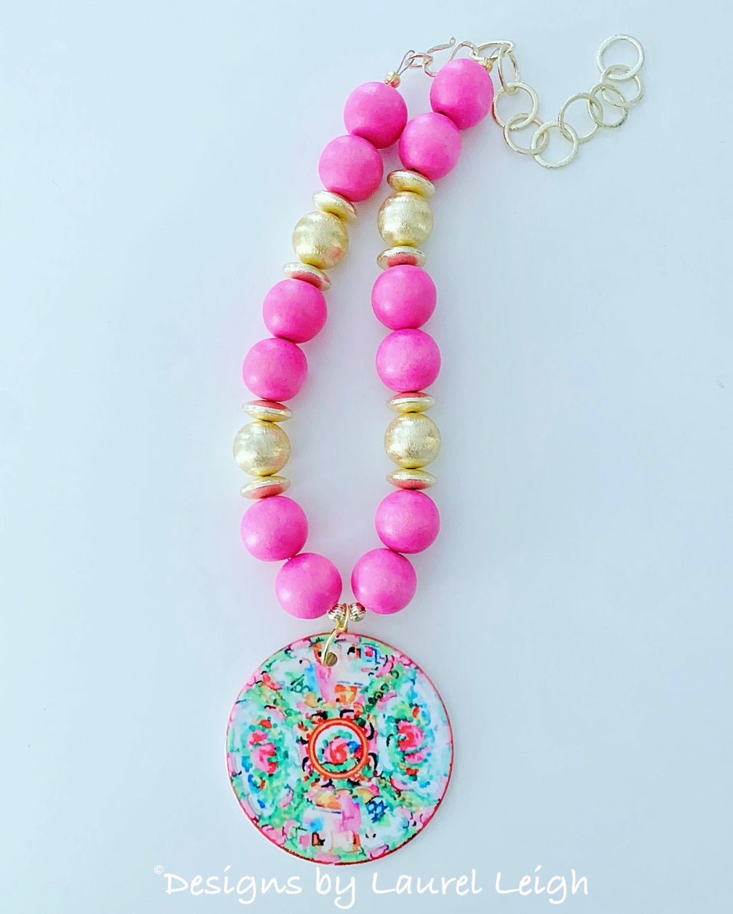 Rose Medallion Chinoiserie Pendant Necklace - Bright Bubblegum Pink - Ginger jar