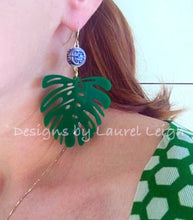 Load image into Gallery viewer, Chinoiserie Tropical Monstera Palm Leaf Statement Earrings - Green - Designs by Laurel Leigh