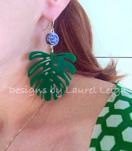 Chinoiserie Tropical Monstera Palm Leaf Statement Earrings - Green - Designs by Laurel Leigh