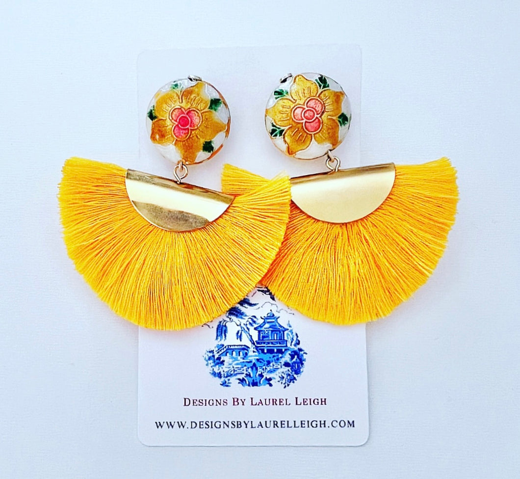 Yellow Cloisonné Fan Tassel Earrings - Chinoiserie jewelry