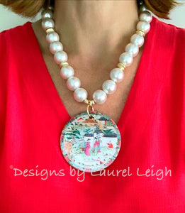 Chinoiserie Chic Pendant Necklace - White Chunky Pearls - Ginger jar