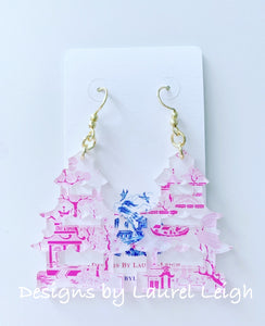 Pagoda Chinoiserie Earrings - Pink Willow or Blue Willow - Ginger jar
