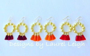 Gold Beaded Hoop Tassel Earrings - Red, Orange, Merlot - Designs by Laurel Leigh