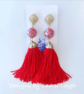 Chinoiserie Red Peony Tassel Statement Earrings - Ginger jar