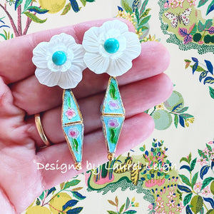 Cloisonné Floral Drop Earrings - Turquoise & Aqua - Chinoiserie jewelry