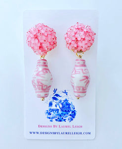 Hydrangea Blossom Ginger Jar Earrings - Pink - Chinoiserie jewelry