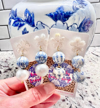 Load image into Gallery viewer, Blue &amp; White Chinoiserie Orchid Double Drop Earrings - Chinoiserie jewelry