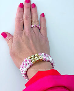 Pink & White Chinoiserie Floral Beaded Bracelet - Chinoiserie jewelry