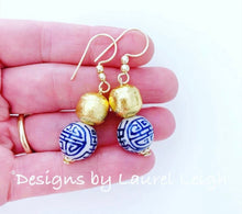 Load image into Gallery viewer, Blue, White and Gold Chinoiserie Longevity Drop Earrings - POSTS OR HOOKS - Ginger jar