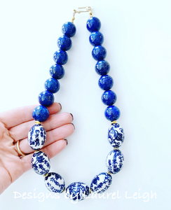 Chunky Blue & White Lapis Chinoiserie Statement Necklace - Oval Porcelain - Ginger jar