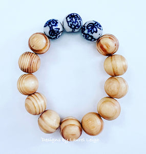 Chinoiserie Peony Bracelet - Natural Wood - Chinoiserie jewelry