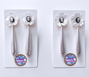 White & Silver Cameo Floral Drop Earrings - Chinoiserie jewelry