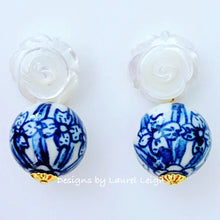 Load image into Gallery viewer, Chinoiserie Orchid &amp; Pearl Rose Earrings - Chinoiserie jewelry