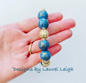 Gold and Hydrangea Blue Chinoiserie Filigree Statement Bracelet - Ginger jar