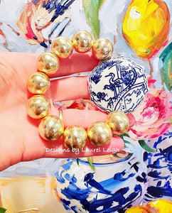 Chunky Gold Chinoiserie Focal Bead Bracelet - Chinoiserie jewelry