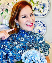 Load image into Gallery viewer, Blue Hydrangea Bow Drop Earrings - Chinoiserie jewelry