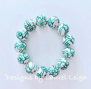 Chinoiserie Emerald Green and White Chunky Floral Statement Bracelet - Ginger jar