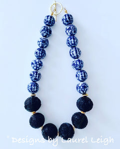 Chunky Blue & White with Black Chinoiserie Statement Necklace - Ginger jar