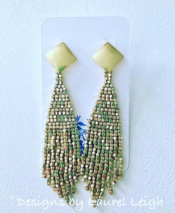 Gold Dressy Beaded Fringe Post Earrings - Designs by Laurel Leigh