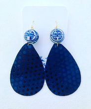 Load image into Gallery viewer, Blue and White Chinoiserie Leather Polka Dot Statement Earrings - Navy - Designs by Laurel Leigh