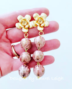 Gold and Rose Pink Floral Chinoiserie Triple Drop Earrings - Ginger jar