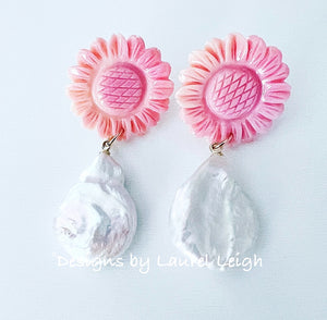 Pink Sunflower Pearl Drop Earrings - Chinoiserie jewelry