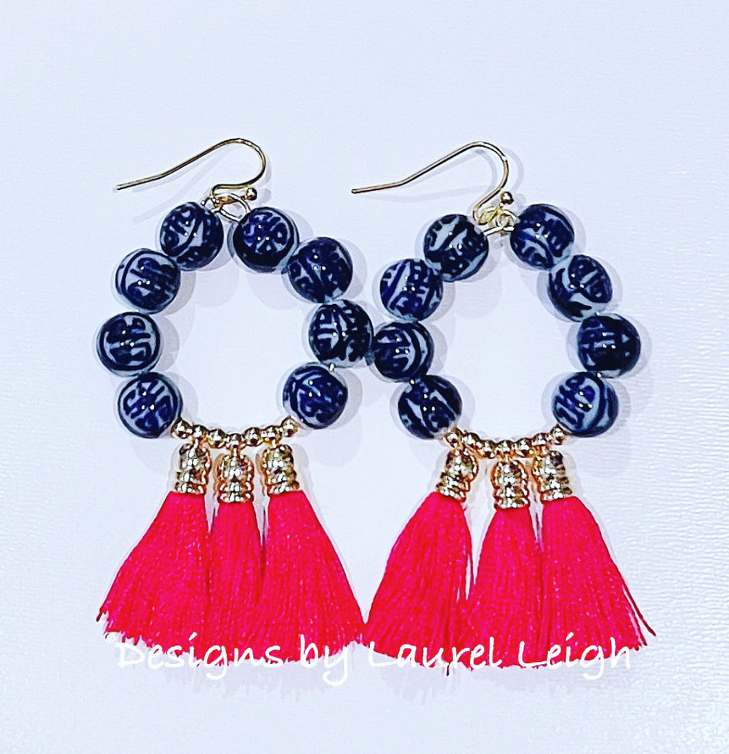 Chinoiserie Beaded Hoop Tassel Earrings - Red - Chinoiserie jewelry