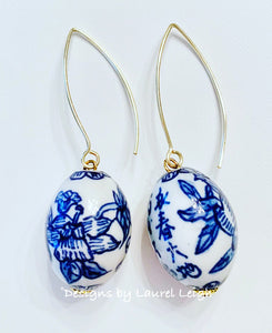Blue & White Chinoiserie Oval Drop Earrings - Chinoiserie jewelry