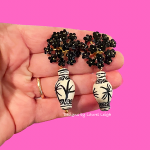 Black Chinoiserie Ginger Jar Hydrangea Blossom Earrings - Chinoiserie jewelry