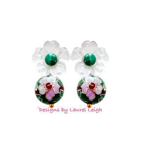 Cloisonné Floral Pearl Drop Earrings - Chinoiserie jewelry