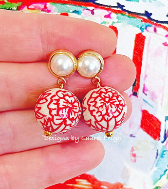 Red Chinoiserie Peony Pearl Earrings - Chinoiserie jewelry