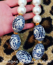 Load image into Gallery viewer, Blue and White Chinoiserie Chunky Pearl Statement Necklace - Ginger jar