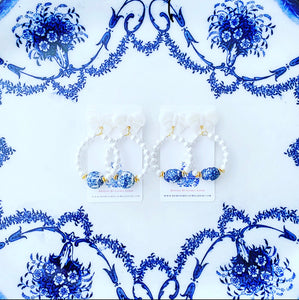 Blue and White Chinoiserie Floral Bow & Pearl Hoop Earrings - 2 Styles - Ginger jar