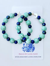 Load image into Gallery viewer, Green Chinoiserie Longevity Beaded Hoops - Chinoiserie jewelry